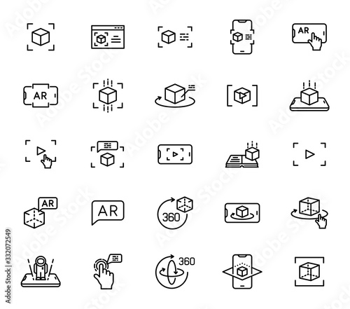 Augmented reality outline vector icons isolated on white background. AR and virtual reality line icon set for web design, mobile apps, ui design and print. Futuristic technology business concept
