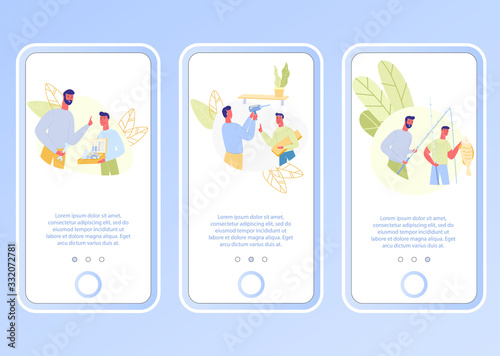 Types of Men Activities and Recreation. Smatphone Monitor. Vector Illustration. Family Spends Time Together. Tool Set in Hands. Man Catching Fish. Repair at Home. Family Holiday. Fishing.