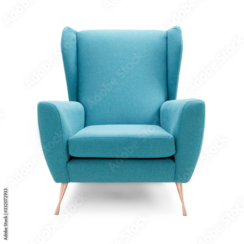 Obraz na plátně Upholstered Wingback Accent Wing Chair with Copper Feet Isolated on White Background