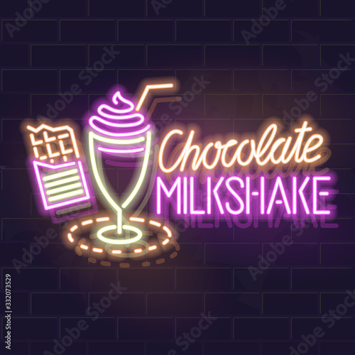 Neon chocolate milkshake typography and icon. Vector isolated neon illustration for any dark background. Fluorescent line art icon for menu, logo, poster, social network post.