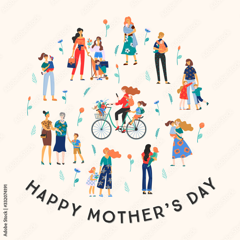 Happy Mothers Day. Vector illustration with women and children.