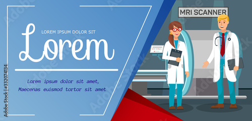 Magnetic Resonance Imaging Flat Web Banner Vector. MRI Scanner Service. Happy Doctors Cartoon Characters. Radiographer Talking to Therapist, Physician. Body Scanning. Hospital Diagnostics