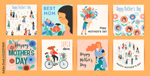 Happy Mothers Day. Vector templates with women and children. © Nadia Grapes