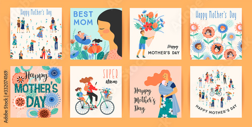 Happy Mothers Day. Vector templates with women and children.