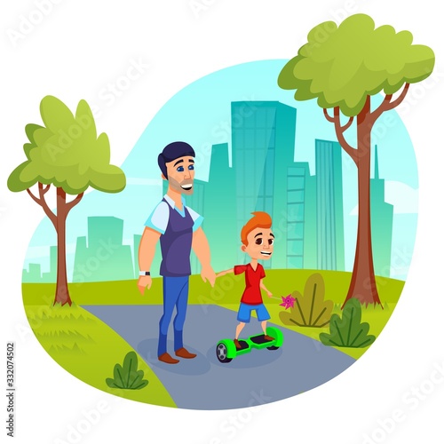 Dad, Spending Time with His Little Son. School Age Boy, Redhead Scamp, Learning to Ride Smart Self Balancing Electric Hoverboard in Local Park, Holding Fathers Hand. Cute Cartoon Characters.