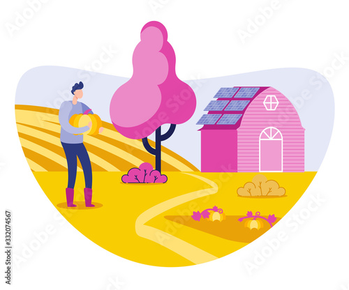 Male Farmer, Agronomist Growing up Plants and Vegetables Flat Vector Illustration. Organic and Fresh Food. Healthy Concept. Cartoon Gardener Man Character Holding Pumpkin near Farm.