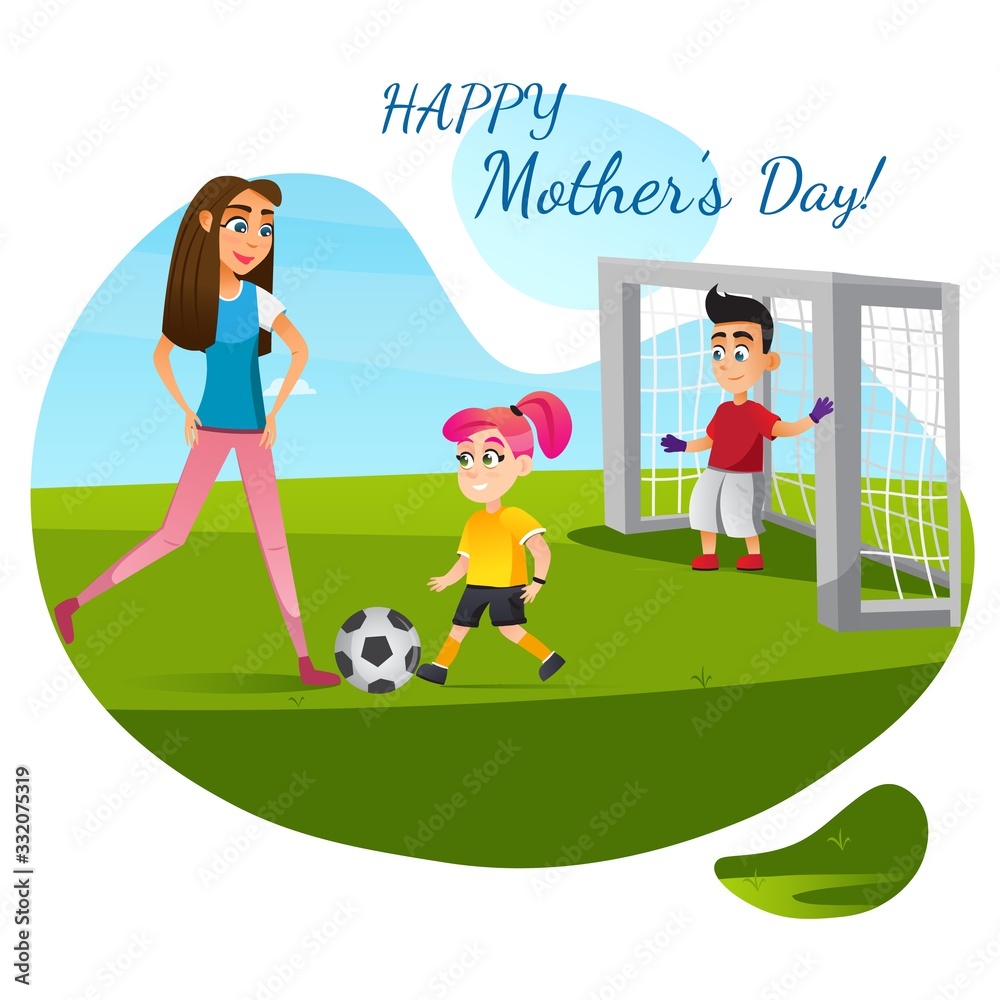 Happy Mother Day Greeting Card. Cartoon Family Play Football Game Vector  Illustration. Mom Daughter Soccer Player. Woman Girl Boy Kick Ball Run.  Sport Training. Summer Leisure Outdoors Stock Vector | Adobe Stock