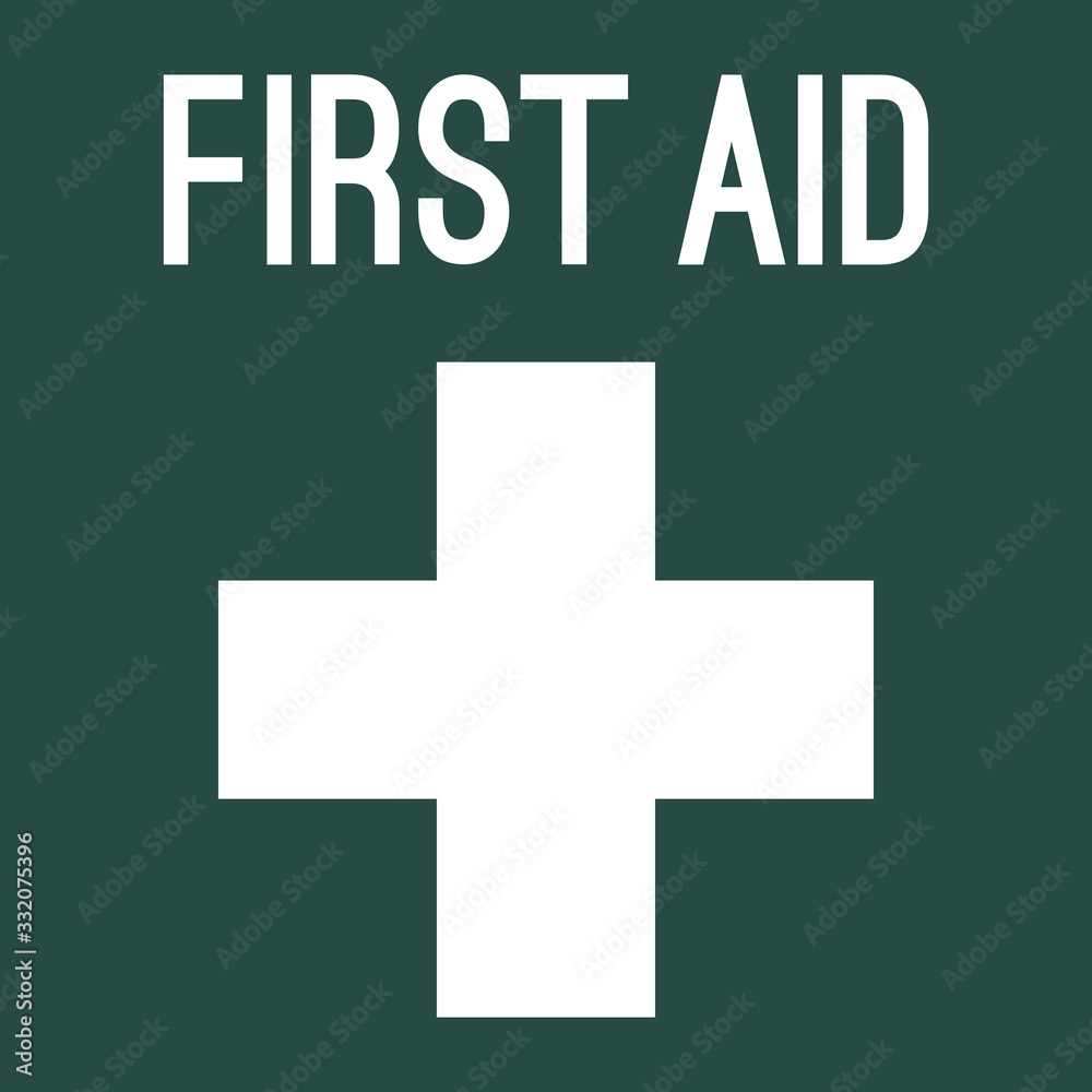 First aid assistance sign. White plus sign with green background. First aid assistance sign. White plus sign with green background.