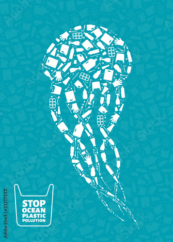 Plastic trash planet pollution concept vector illustration. Jellyfish ocean animal outline filled with plastic waste flat icon. Zero waste concept, microplastic pollution problem graphic.