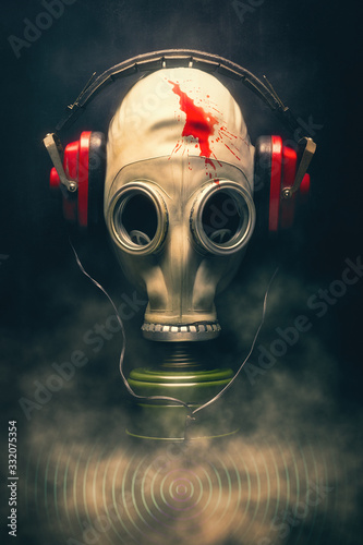 Portrait of a man in a gas mask with headphones on a dark background. Drops of blood on the helmet mask. Smokescreen. Pulsating sound waves. Art tinted.