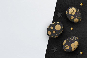 easter eggs and hot coffee cup on cement floor background. top view
