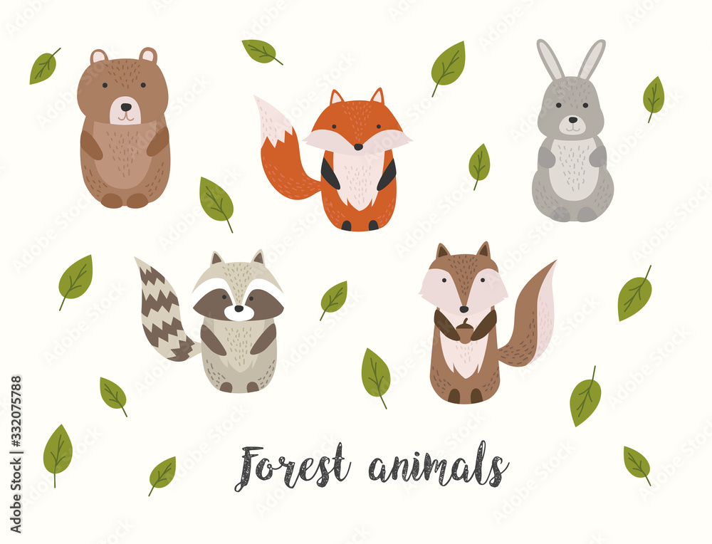 Naklejka premium animal, forest, forest animals, fox, squirell, bear, badger, wood, simple, rabbit, minimalistic, children, cartoon, cute, illustration, icon, leaves, baby, rabbit