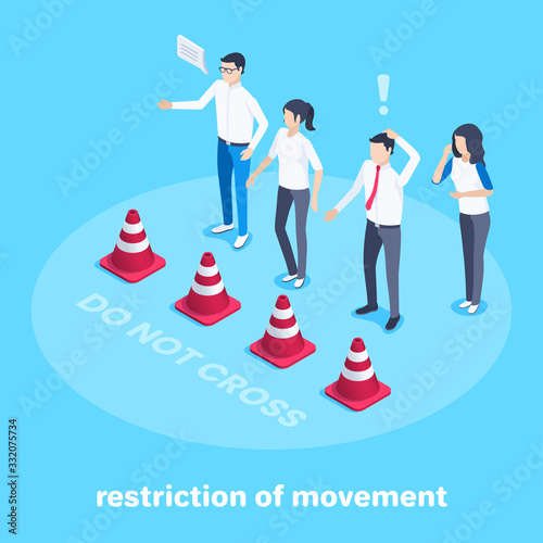 isometric vector image on a blue background, men and women are standing at the cone fence, the passage is closed and movement restrictions