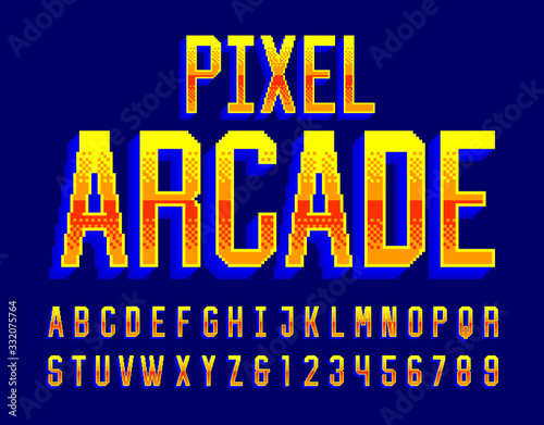 Pixel Arcade alphabet font. Digital 3d effect letters and numbers. 80s arcade video game typescript.