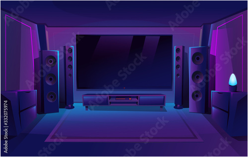 Home theater with big music speakers. Game room interior. Night apartment. Big TV screen. Vector illustration.
