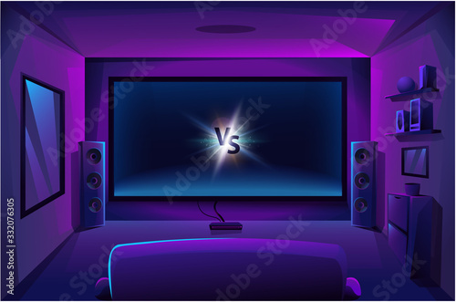 Home theater with big music speakers. Game room interior. Night apartment. Big TV screen. Vector illustration.
