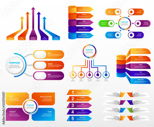 Infographics charts big set. Colorful business processes, workflow, diagram. Purpose. Vector business Illustrations.
