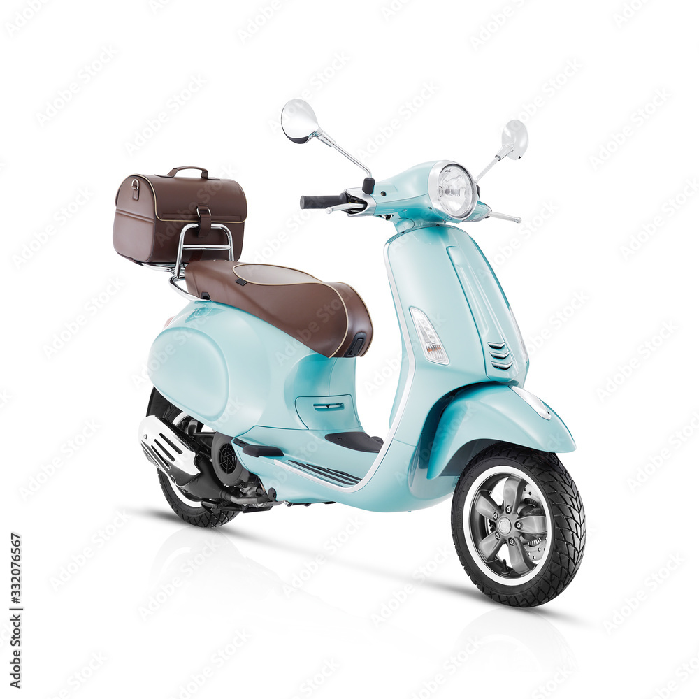 Motor Scooter Isolated on White Background. Side View of Blue Electric  Scooter with Step-Through Frame and Platform. Vintage Retro Motorcycle.  Modern Personal Transport. 3D Rendering. Classic Vehicle Stock Illustration  | Adobe Stock