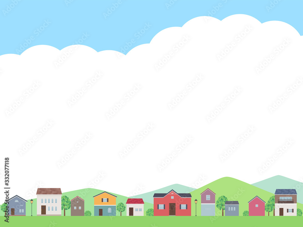 家の並んだ風景と空のフレームイラスト