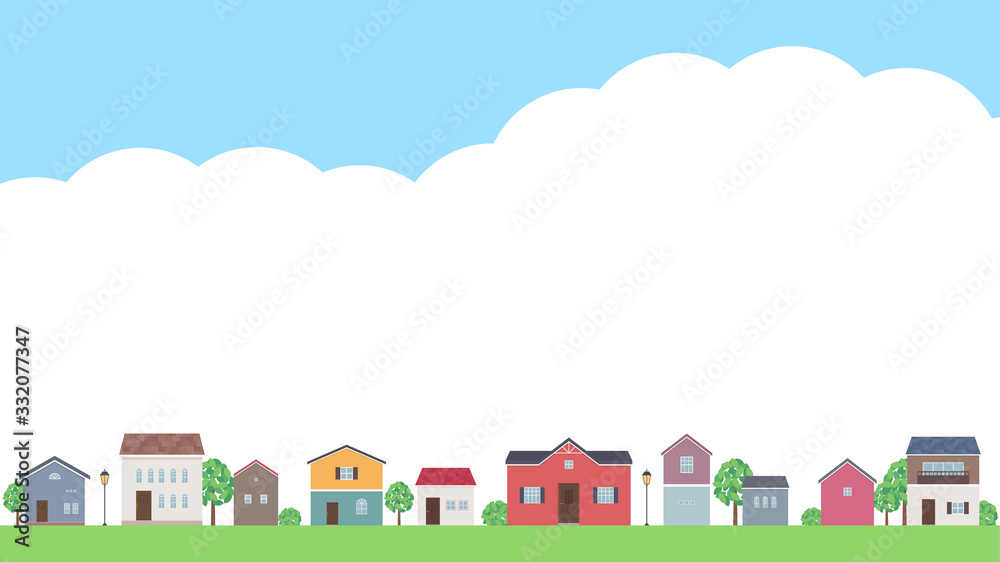 家の並んだ風景と空のフレームイラスト_16:9