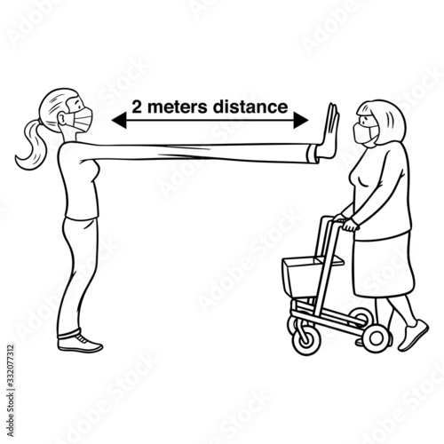 young woman with a mouth guard keeps two meters from an old woman with walking aid. social distance.
