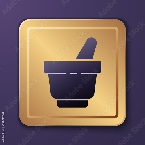 Purple Mortar and pestle icon isolated on purple background. Gold square button. Vector Illustration