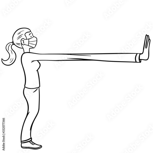 woman from the side holds her arm up to keep distance. social distance, illustration, monochrome.
