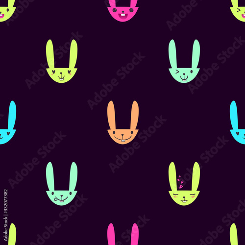 Bright color seamless pattern with cute Easter bunny faces with happy and lovely emotions, hand-drawn rabbits with various expressions, EPS 10 © julijuliart