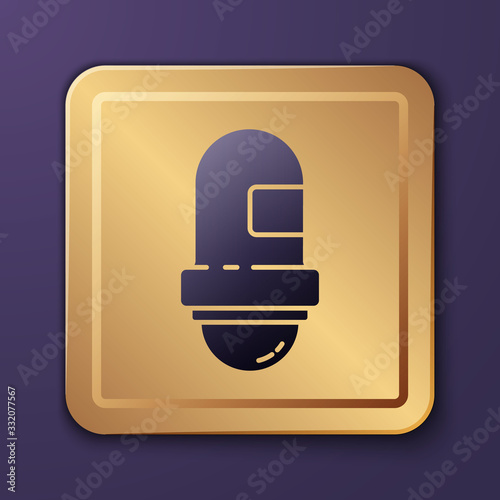 Purple Antiperspirant deodorant roll icon isolated on purple background. Cosmetic for body hygiene. Gold square button. Vector Illustration