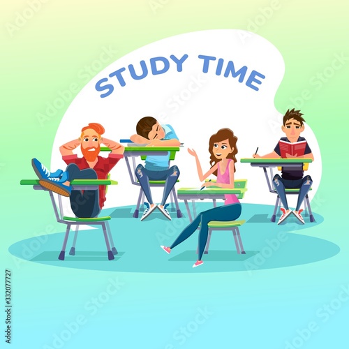 Male and Female, Busy and Lazy, Clever and Stupid Students on Lesson at University or School Class. Teens Sleeping, Working, Talking. Study Time. Cartoon Comic Poster. Vector Flat Illustration