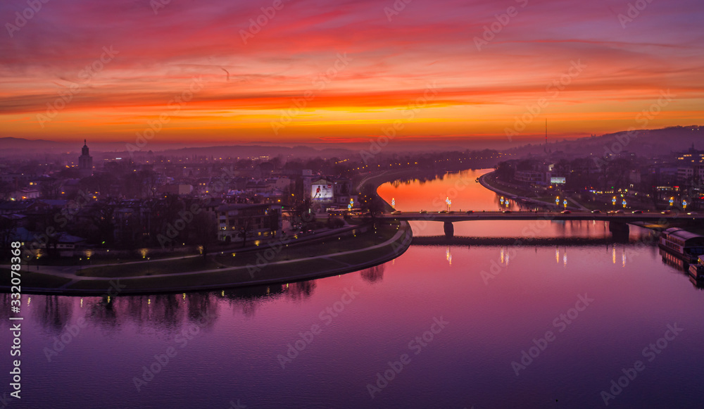 Sunset over Vistula River in Cracow, Poland.