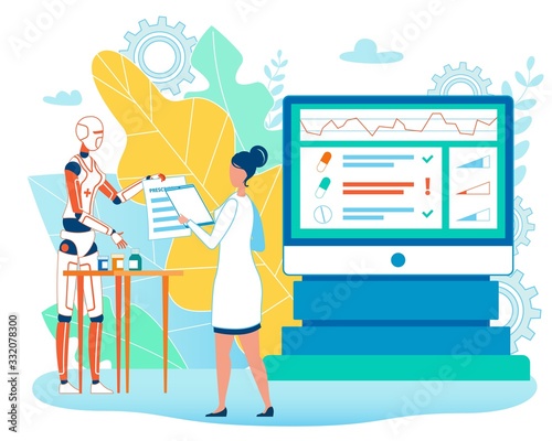 Drug Inventory, Futuristic Pharmacology. Medication Material Control and Accountability. Robotic Pharmacist and Doctor Discuss Presence and Essence Pills via Digital List. Vector Cartoon Illustration