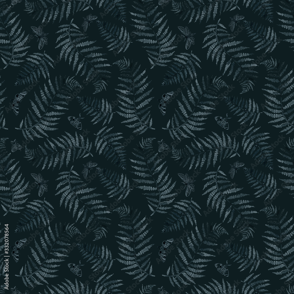 indigo fern and moths branch blue indigo watercolor hand drawing seamless pattern