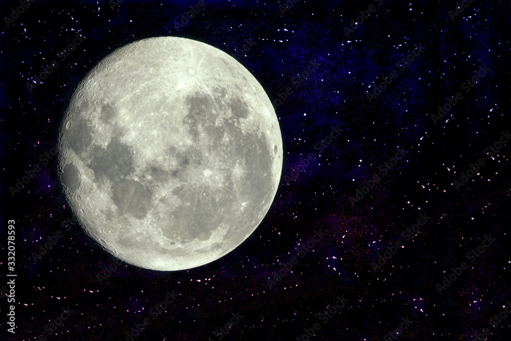Full moon with galaxy and stars with copy space on the right side. Some elements of this image provided by NASA