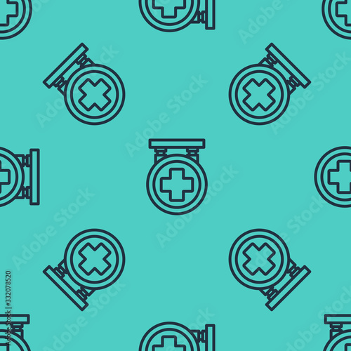 Black line Hospital signboard icon isolated seamless pattern on green background.  Vector Illustration