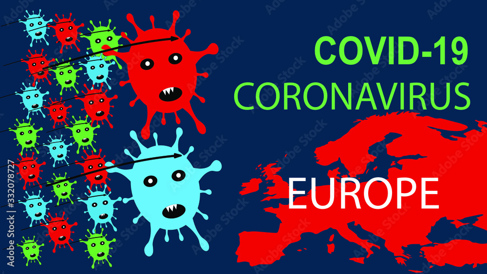 Abstract concept of coronavirus attack and COVID-19 infection in Europa. Coronavirus infection 2019-nCoV, dangerous and acute respiratory infection, Is a dangerous disease. Vector illustration