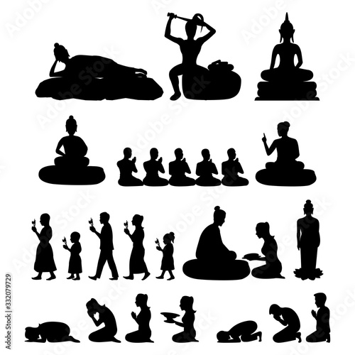 set of Buddha monk and Buddhism activities with black silhouette,vector illustration