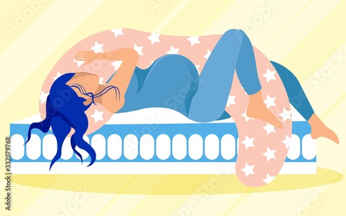 Large Bad with Mattress, Suitable for Prospective Mothers. Pregnant Brunette in Pajamas with Special Pillow for Comfort, Trying to Find Right Position for Her Belly and Get Some Good Sleep.
