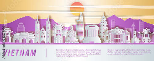 Vietnam famous landmarks paper art style with purple yellow and white color,vector illustration
