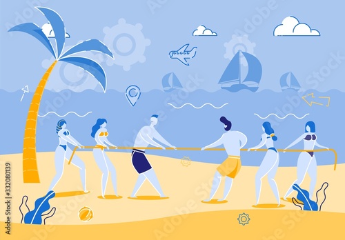 Informational Flyer Fun Tug War on Sea Coast. Vector Illustration. Group Young Friends Rest on Weekend and Decided to Have Little Competition. Have Fun at Resort on Background Sea.
