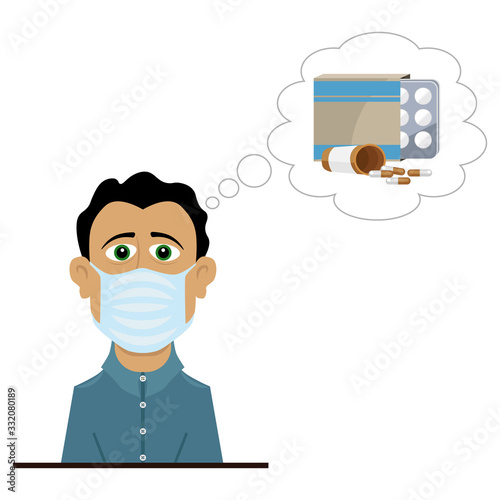 A man in a medical mask. Vector illustration on the topic of medicine and treatment.