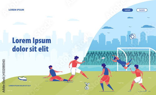 Soccer Game Banner. Cartoon Men in Uniform Playing Football on Stadium Field Vector Illustration. People Fans on Tribunes. Professional Sport Team Match. Championship Competition League