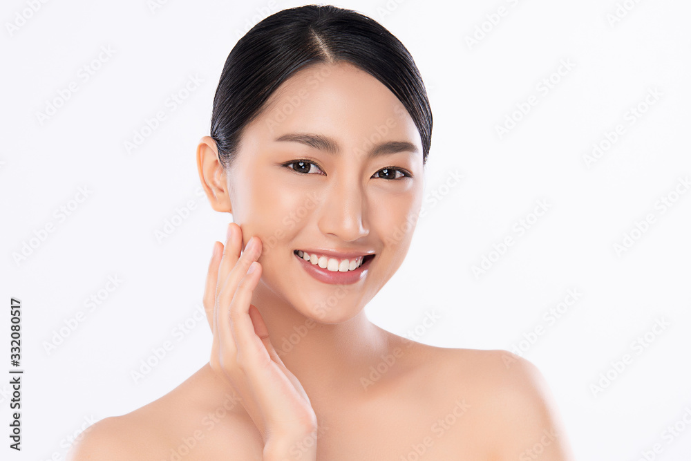 Beautiful Young Asian Woman with Clean Fresh Skin. Face care, Facial treatment, Cosmetology, beauty and healthy skin and cosmetic concept .woman beauty skin isolated on white background