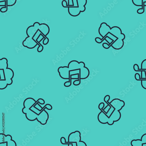 Black line Music streaming service icon isolated seamless pattern on green background. Sound cloud computing, online media streaming, song, audio wave.  Vector Illustration