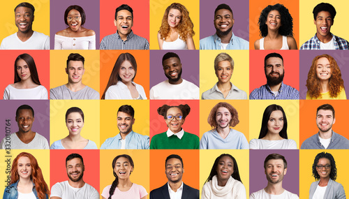 Set Of Smiling Mixed People Faces Posing Over Colorful Backgrounds © Prostock-studio