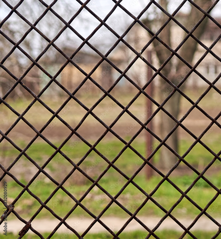 view of the landscape through an iron mesh view of the landscape through an iron mesh