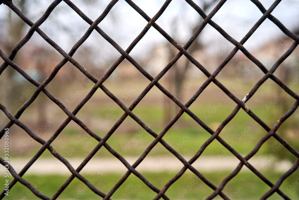 view of the landscape through an iron mesh view of the landscape through an iron mesh