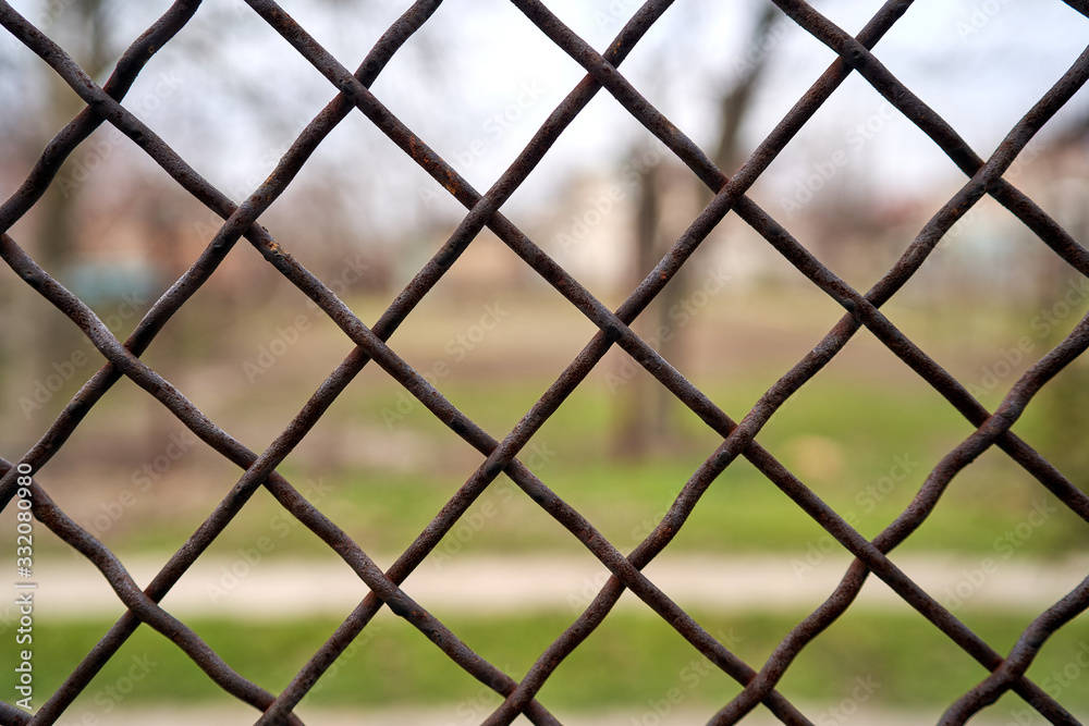 view of the landscape through an iron mesh view of the landscape through an iron mesh