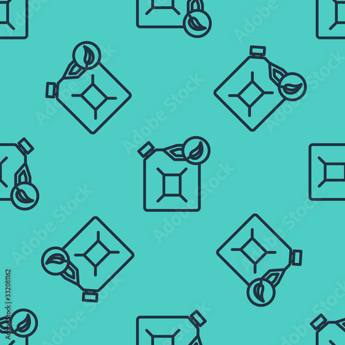 Black line Bio fuel canister icon isolated seamless pattern on green background. Eco bio and barrel. Green environment and recycle.  Vector Illustration