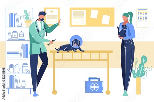 Sick Dog Lying on Table of Veterinary Clinic. Man, Woman Veterinarian Doctors Put Injection to Animal for Treatment in Cabinet with Medical Equipment, Health Care. Cartoon Flat Vector Illustration © Mykola